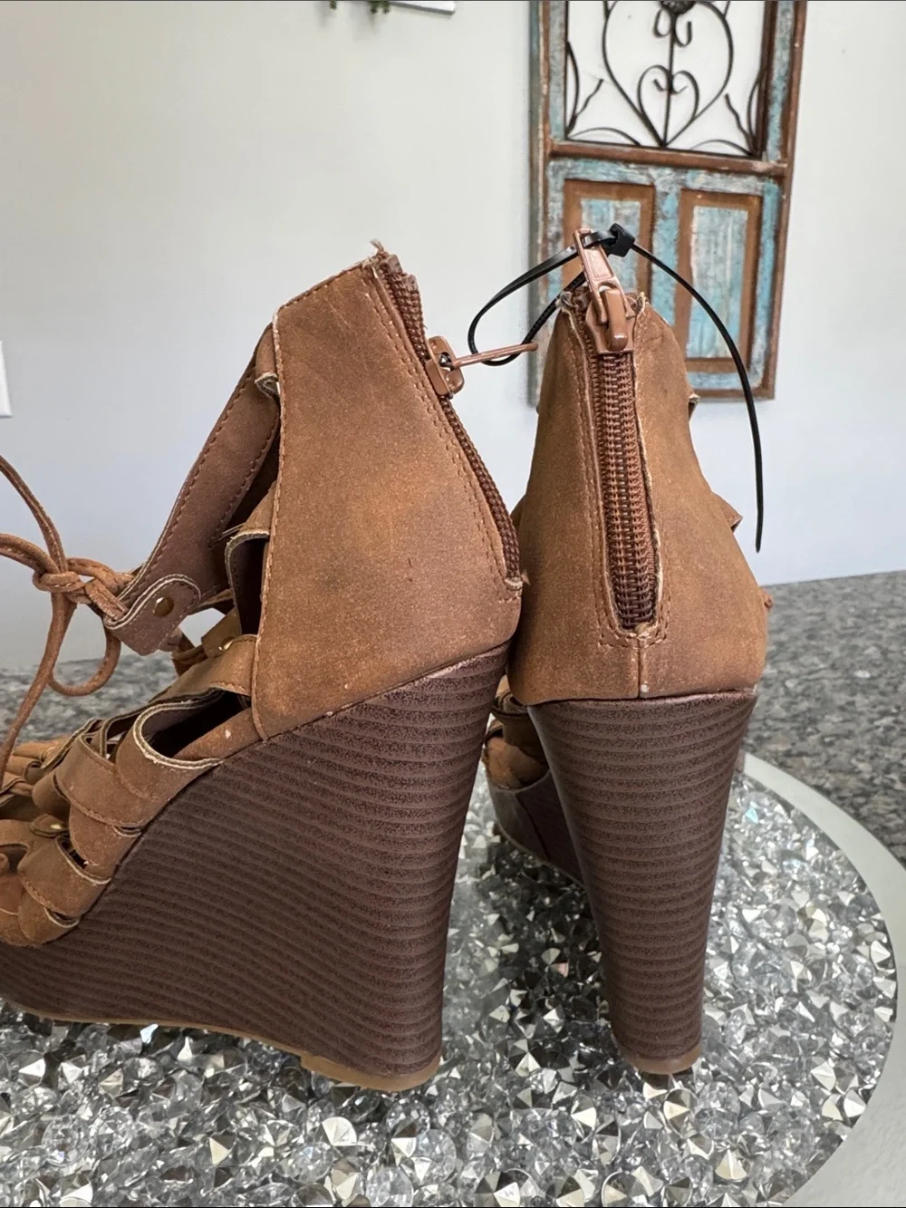 Dollhouse Brown Lace-Up Strappy Wedge Sandals NWOT 9